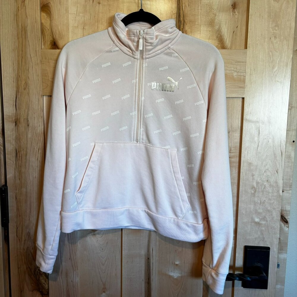Puma Logo Mock Neck Partial Zip Pullover Light Pink Logo S Small